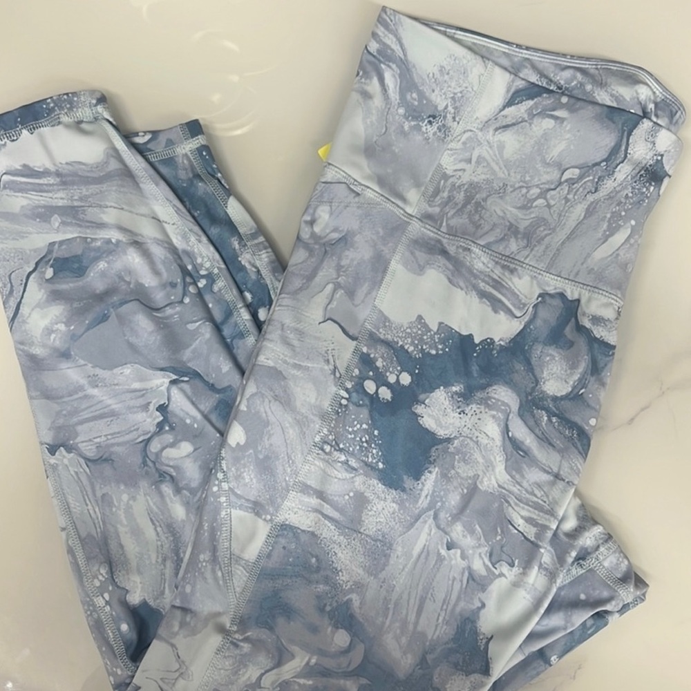 WOMENS yoga pants 7/8 length, assorted blues marble design -Plus Size